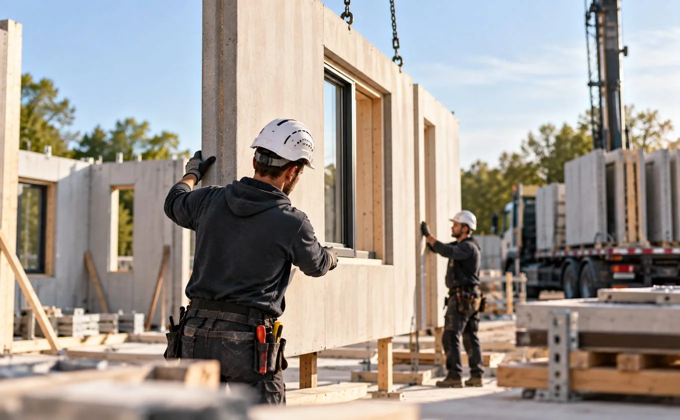 Twee vakmannen plaatsen een prefab wandelement met een kraan op de bouwplaats