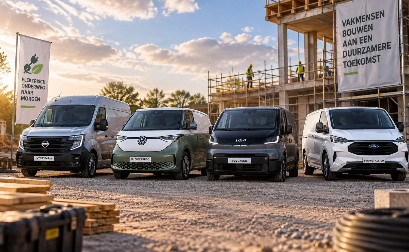 Vier nieuwe elektrische bedrijfswagens naast elkaar bij een bouwplaats: Nissan Interstar-e, Volkswagen ID. Buzz Cargo, Kia PV5 Cargo en Ford E-Transit Custom